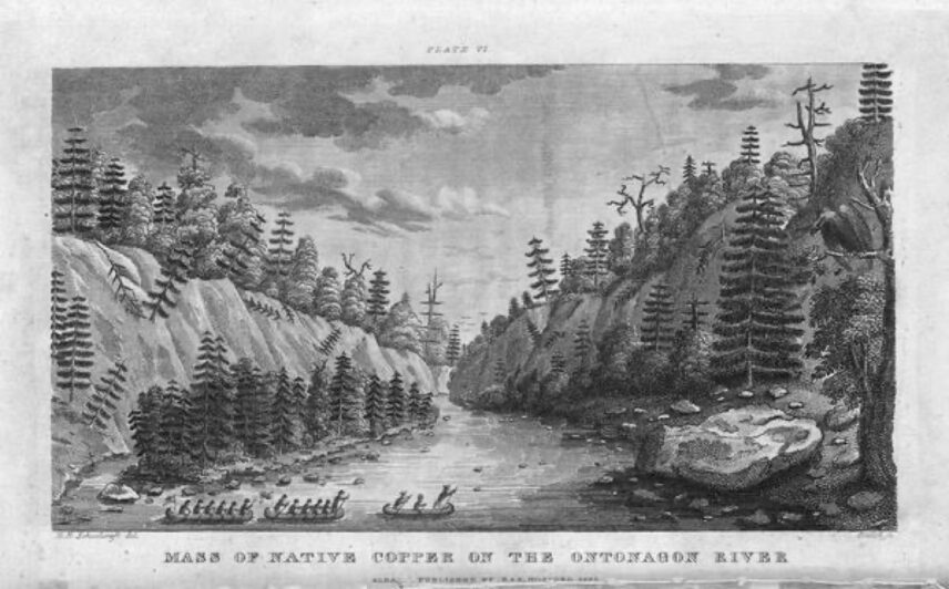Engraving depicting the Schoolcraft expedition crossing the Ontonagon River towards a copper boulder.