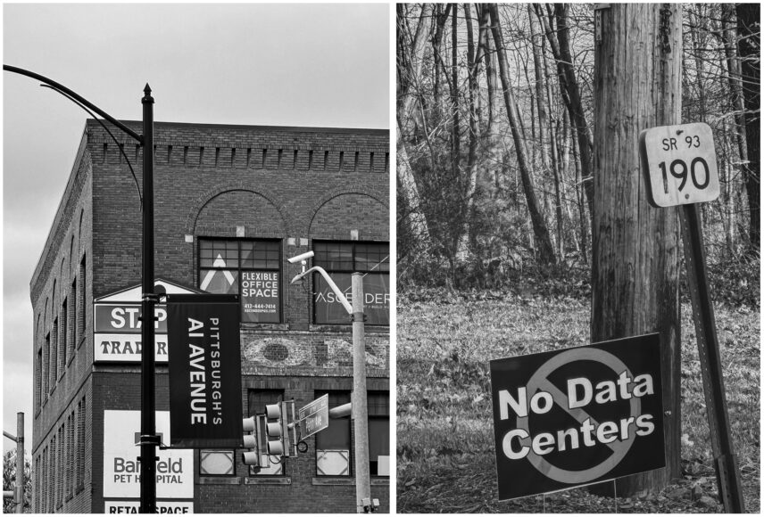 A black and white view of downtown Pittsburgh with a street banner reading "Pittsburgh's AI Avenue"