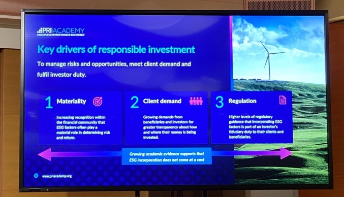 A breakout session presentation from PRI in Person 2023, which identifies regulation as one of the three main pillars of sustainable finance activities, alongside financial impact and client demand.
