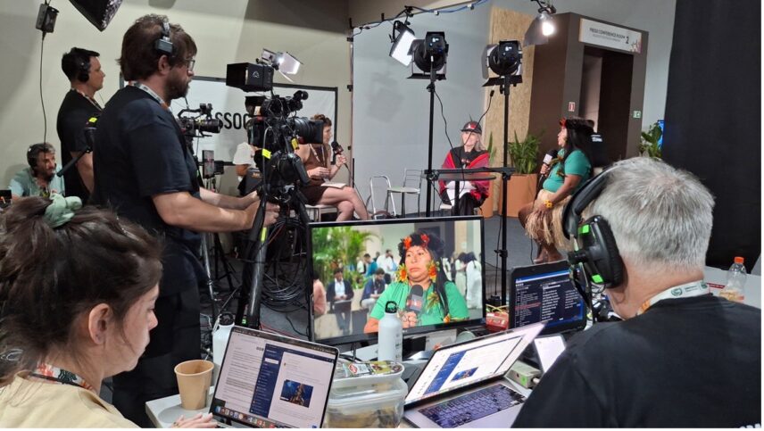 Alessandra Korap Munduruku, Indigenous leader, giving an interview inside the Blue Zone.